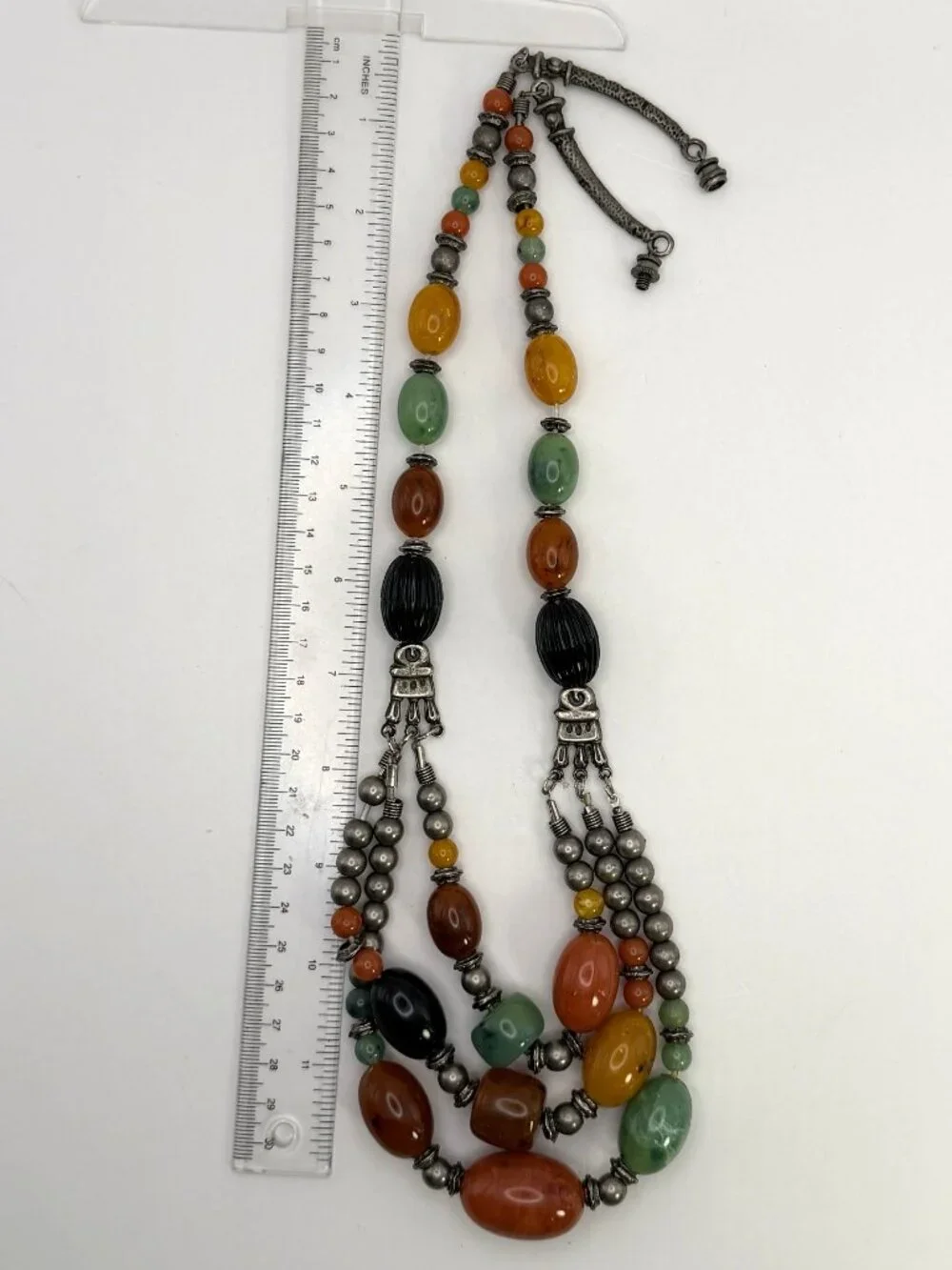 Vintage Chunky Resin Bead Necklace Multi Strand Orange Green Silver Tone 124g